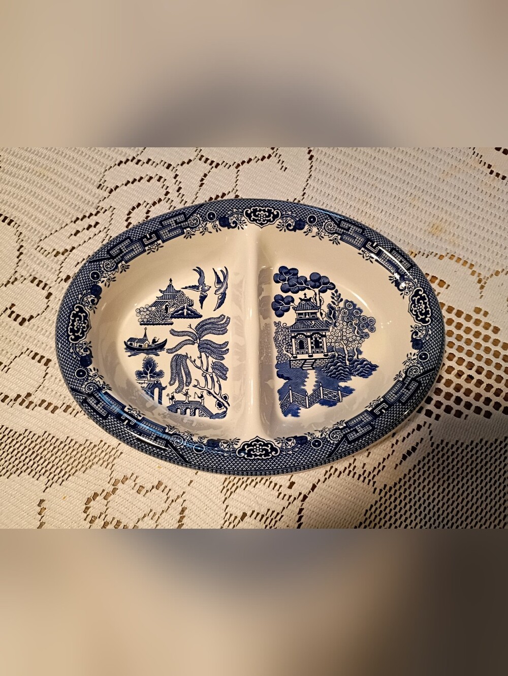 Blue and White Divided Porcelain Serving Dish - Willow Pattern